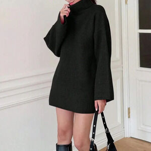 Black Casual Women's High Neck Drop Shoulder Sleeve Sweater